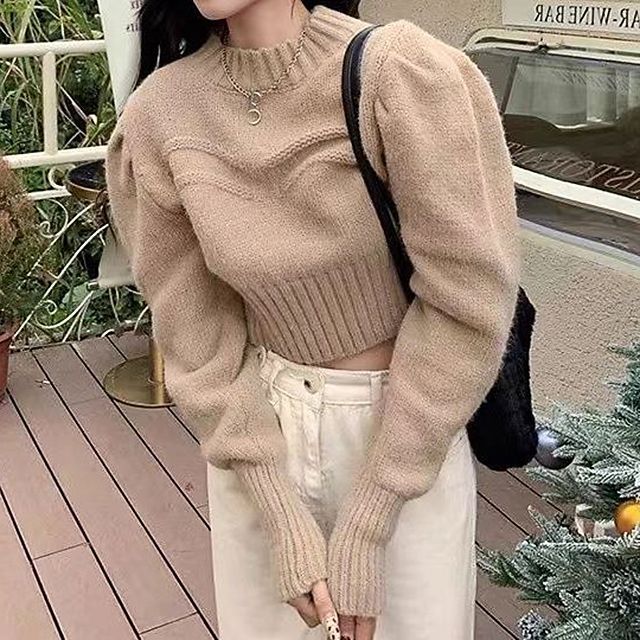 Fanoy - Crew Neck Plain Crop Sweater | YesStyle