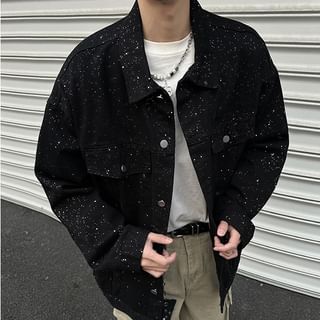 Plummie-Lapel Collar Dotted Denim Button Down Jacket