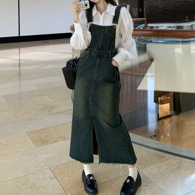 monroll - Washed Maxi Denim Dungaree Dress / Long-Sleeve Blouse | YesStyle