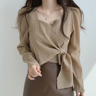 Happo Long-Sleeve Square Neck Plain Asymmetrical Crinkle Crop Blouse Sale