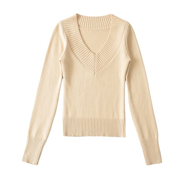 Ulark-V-Neck Plain Ribbed Crop Sweater