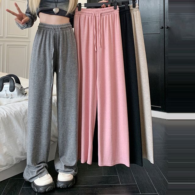 Striinkie-Drawstring Waist Plain Wide Leg Pants