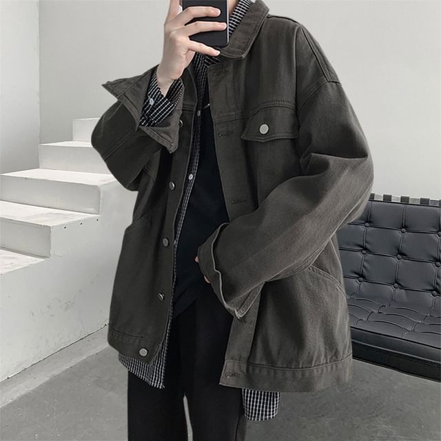 emeisa-Collared Plain Panel Button Denim Jacket