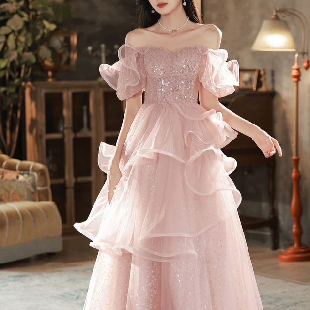 DreesHouse - Off-Shoulder Sequined Ruffled A-Line Layered Evening Gown |  YesStyle