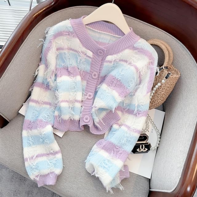 Odestra-Crew Neck Striped Cardigan