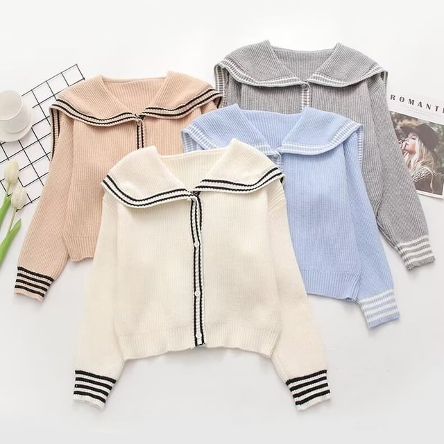 PANDAGO-Long Sleeve Collared Striped Trim Button Crop Cardigan