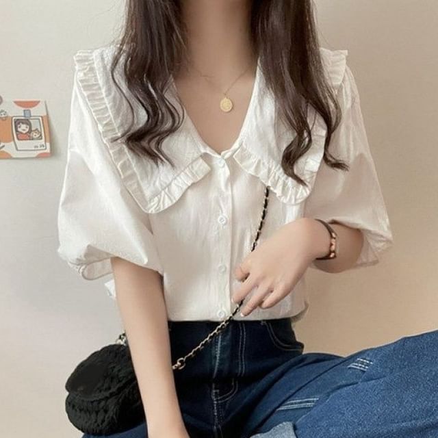 Sisyphi-Ruffle Collared Short Sleeve Plain Blouse