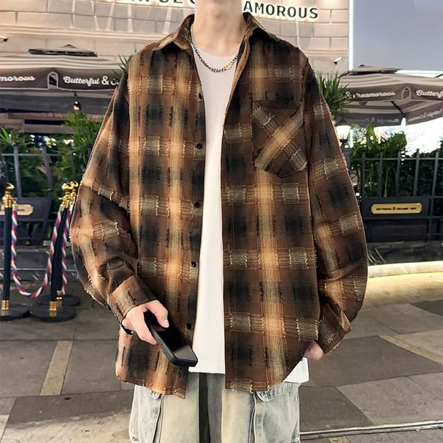 Obikan-Long Sleeve Collared Plaid Shirt