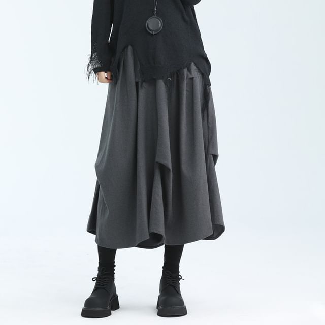 SIMPLE BLACK-Elastic Waist Asymmetrical Hem Skirt