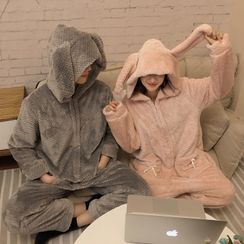 NekNem - Couple Matching Rabbit Ear Hooded Pajama Jumpsuit (Various Designs)