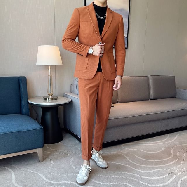 Blueforce-Lapel Collar Plain Corduroy Single-Breasted Blazer Mid Rise Tapered Pants Set