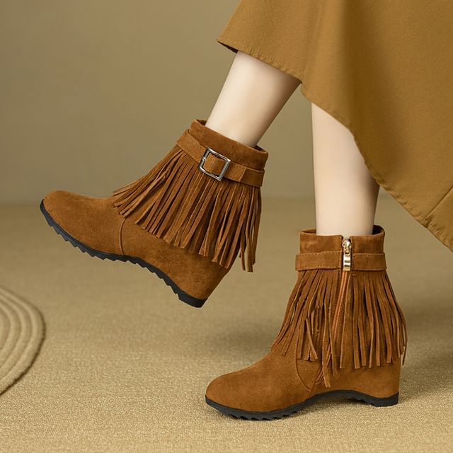 Megan-Hidden Wedge Fringed Short Boots