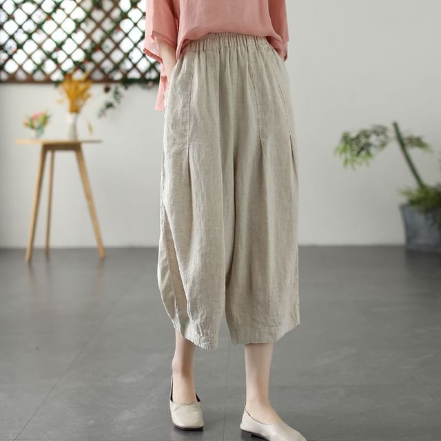 INEN-Elastic Waist Plain Capri Harem Pants