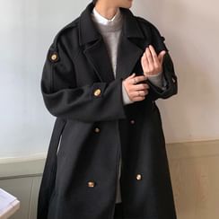 Bookmartier - Stand Collar Asymmetrical Jacquard Panel Tie Waist Frog  Buttoned Long Trench Coat
