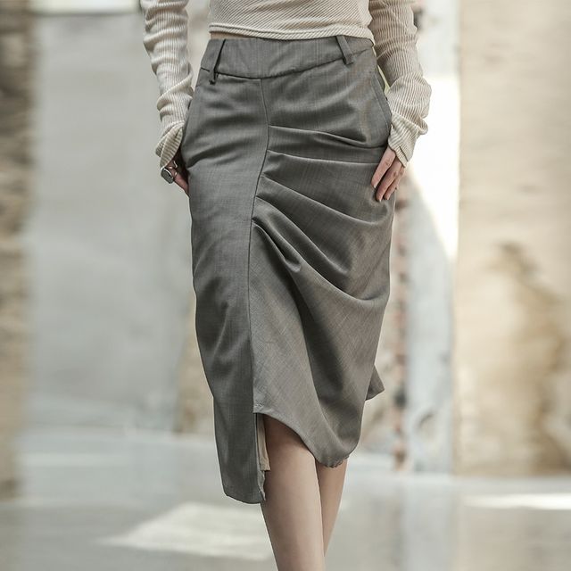 SIMPLE BLACK High Rise Plain Ruched Midi Pencil Skirt YesStyle