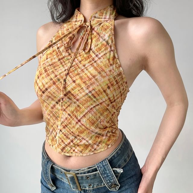 Sinora-Halter Stand Collar Plaid Keyhole Tie Front Top
