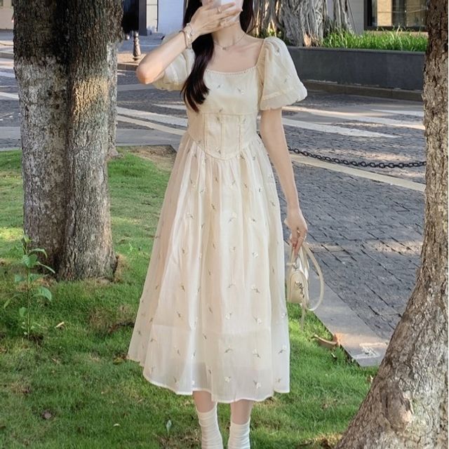 Moon City - Puff Sleeve Square Neck Floral Embroidered Faux Pearl Midi  A-Line Dress | YesStyle
