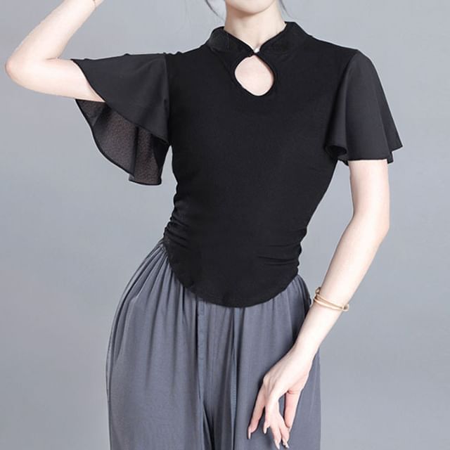 Cossita-Short Sleeve Collared Keyhole Plain Ruched Tee