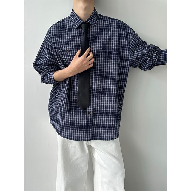 Zentrus-Long Sleeve Collared Plaid Shirt