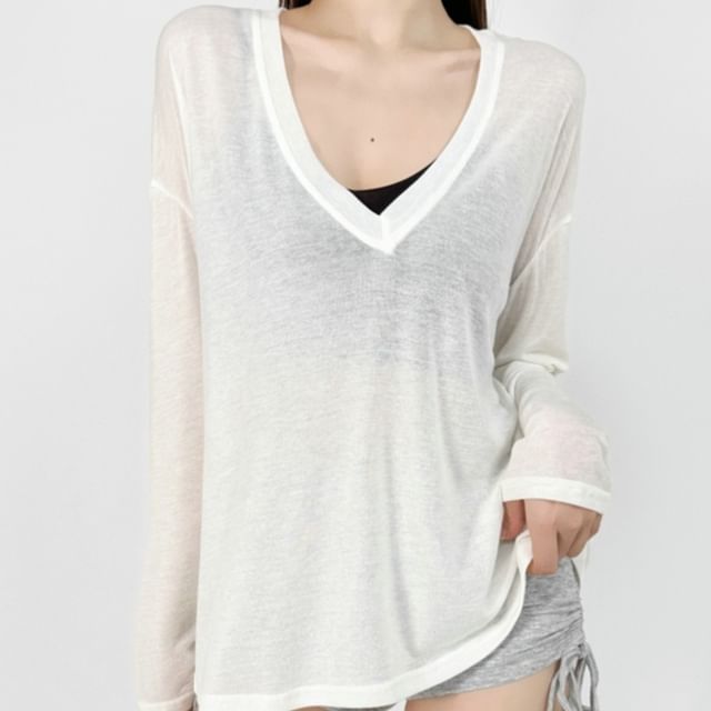 Ulark-Long-Sleeve V-Neck Plain T-Shirt