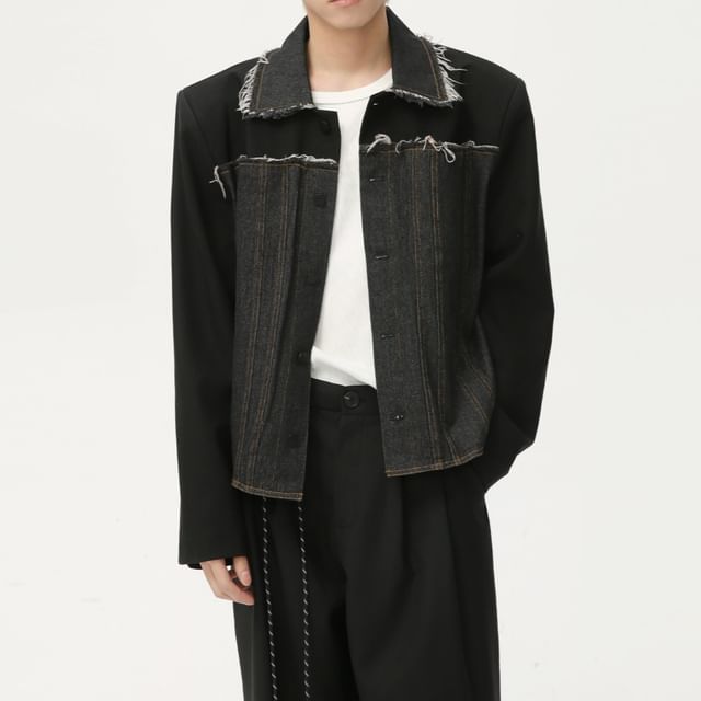 FAERIS-Collared Denim Panel Frayed Button-Up Jacket