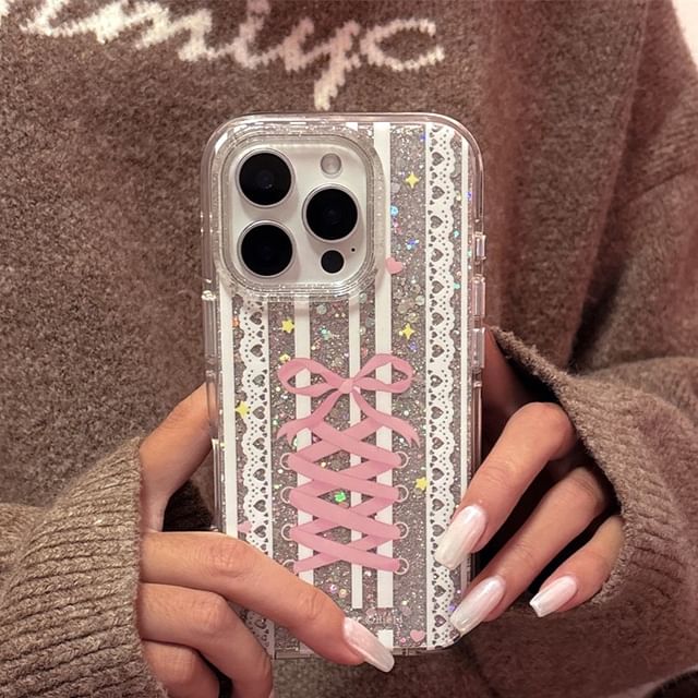 Phone in the Shell - Lace Up Glitter Phone Case - iPhone 16 Pro Max / 16  Pro / 16 Plus / 16 / 15 Pro Max / 15 Pro / 15 Plus / 15 / 14 Pro Max / 14  Pro / 14 Plus / 14 / 13 Pro Max / 13 Pro / 13 / 13 Mini | YesStyle