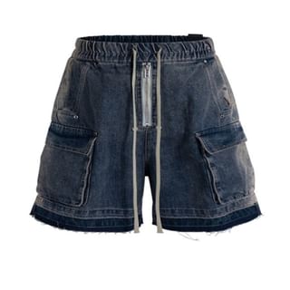 Zentrus-Mid Rise Washed Denim Cargo Shorts
