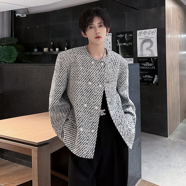 Freehop-Crew Neck Striped Double-Breasted Tweed Jacket