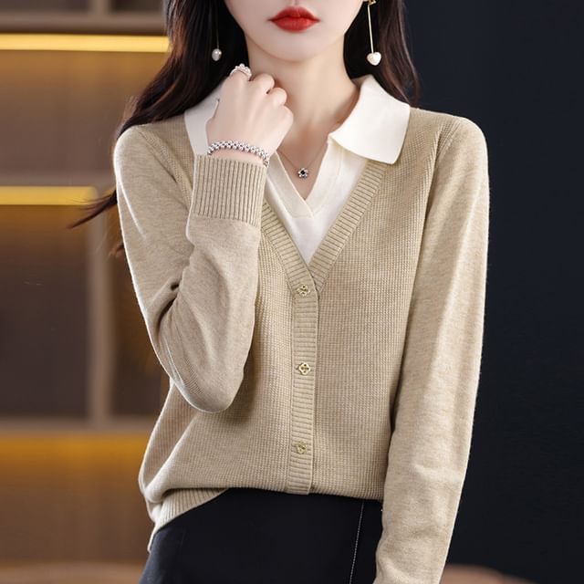 Jeonseon-Mock Two-Piece Long-Sleeve Collar Button Knit Top