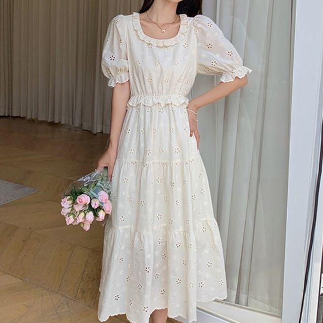 Moon City - Puff Sleeve Round Neck Plain Embroidered Eyelet Ruffle Tiered  Midi A-Line Dress | YesStyle