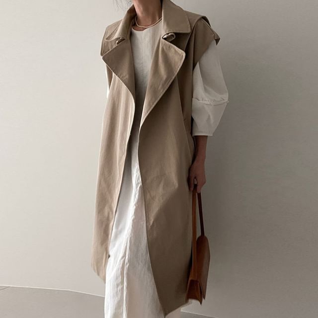 Coris-Collared Plain Midi Open Front Vest