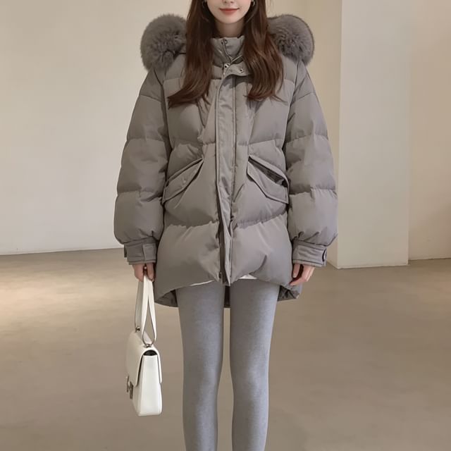 JVL-S Plain Fluffy Trim Hooded Zip-Up Puffer Jacket