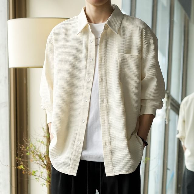 Phoneus-Long-Sleeve Plain Button-Up Waffle Shirt