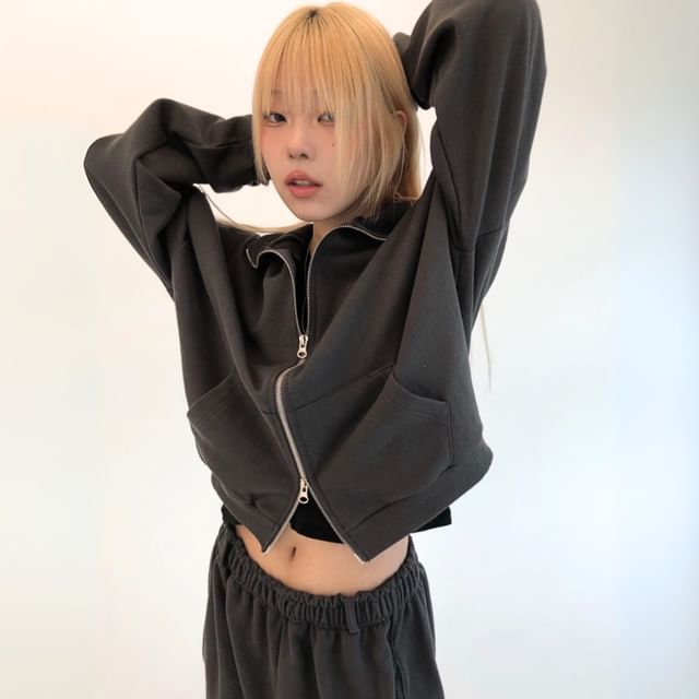 SeoulPop-Plain Zip-Up Jacket