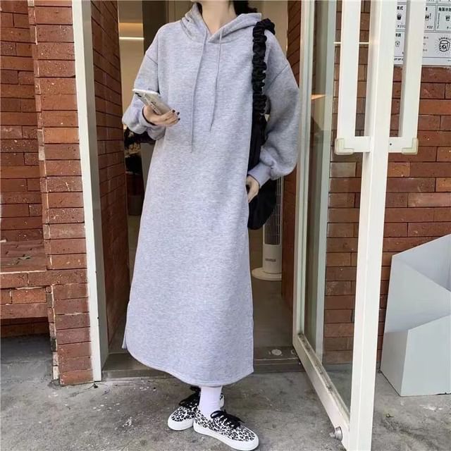 Everose - Long-Sleeve Plain Fleece-Lined Midi A-Line Hoodie Dress | YesStyle