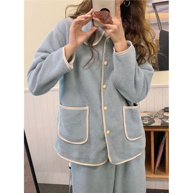 Dazzli-Pajama Set Long Sleeve Collared Contrast Trim Button Top Straight Leg Pants