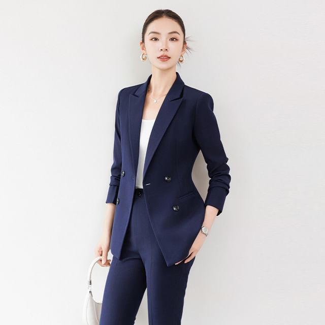 Skyheart-Double Breasted Plain Blazer Tapered Dress Pants Set