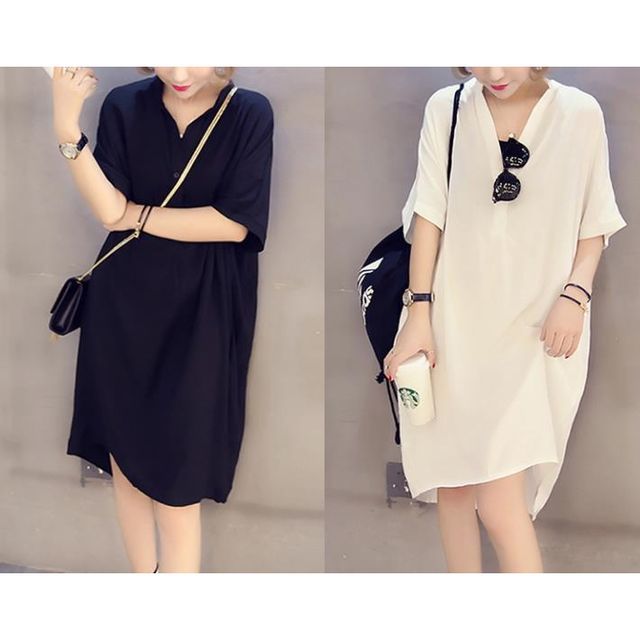 Lewwe-Short-Sleeve Open-Collar Chiffon Shift Dress