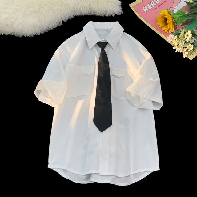 Hushgrain-34-Sleeve Plain Button-Up Shirt