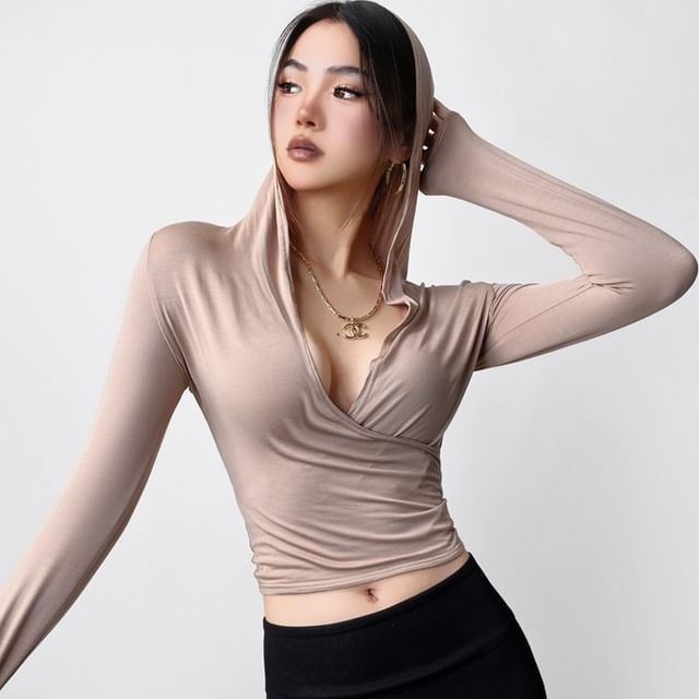 Ulark-Long-Sleeve Hooded Plain Wrap T-Shirt
