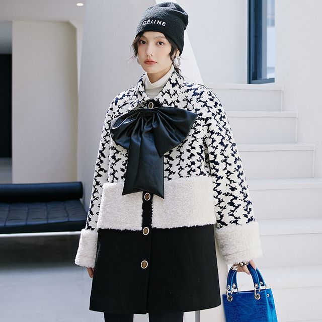 ViKolor-Bow Fleece Panel Coat
