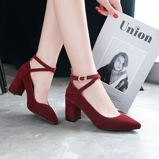 Megan-Pointed Block Heel Ankle Strap Pumps
