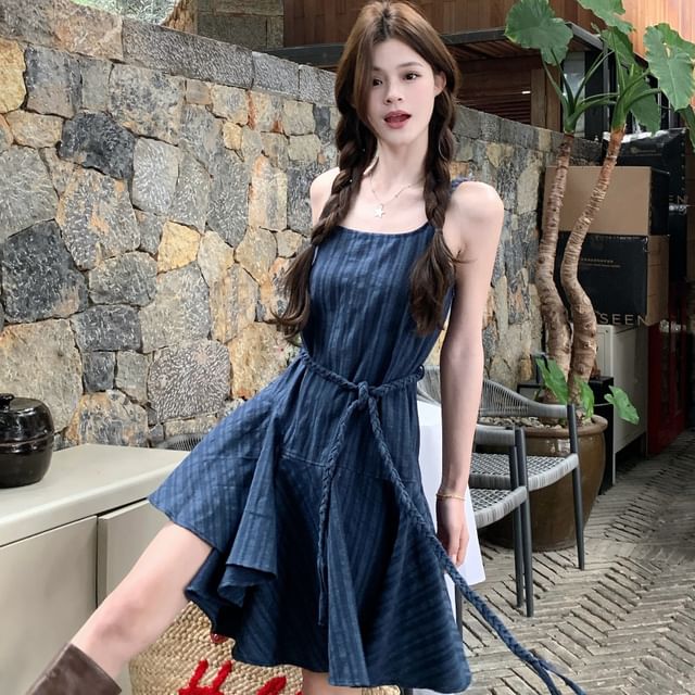 Shopherd-Spaghetti Strap Scoop Neck Striped Mini A-Line Dress