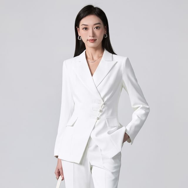 Princess Min-Plain Asymmetrical Frog Button Blazer High Rise Bootcut Suit Pants