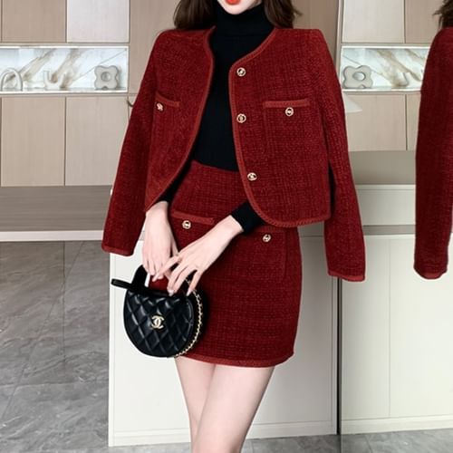 Tweed button mini shop skirt & jacket sets