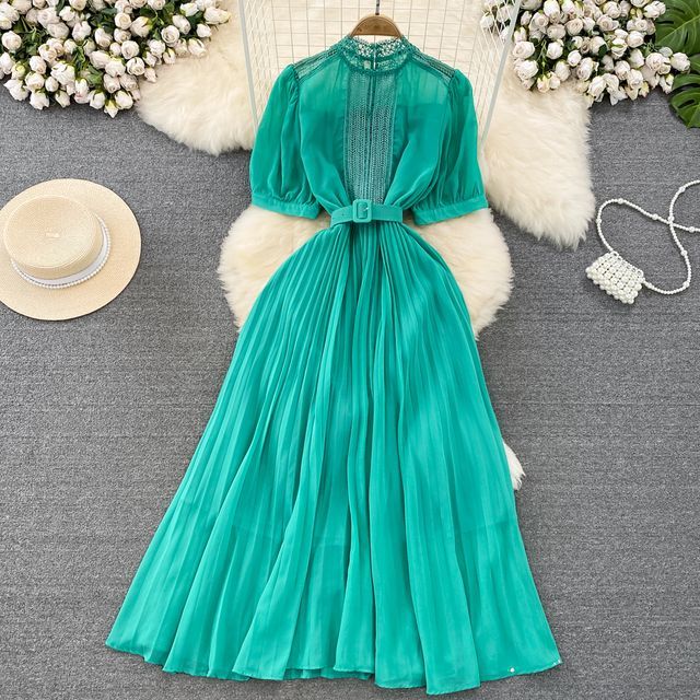 open lace back dress SheIn Simplee Guipure Lace Insert Lantern Sleeve Pleated Hem Dress,  M1514359, Baby Blue, M: Buy Online at Best Price in Egypt