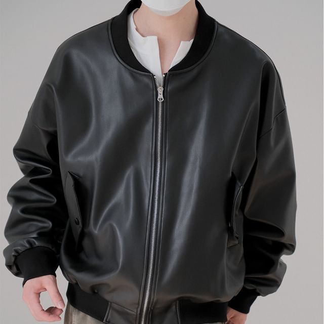 DAZO Studios-Plain Faux Leather Zip Jacket