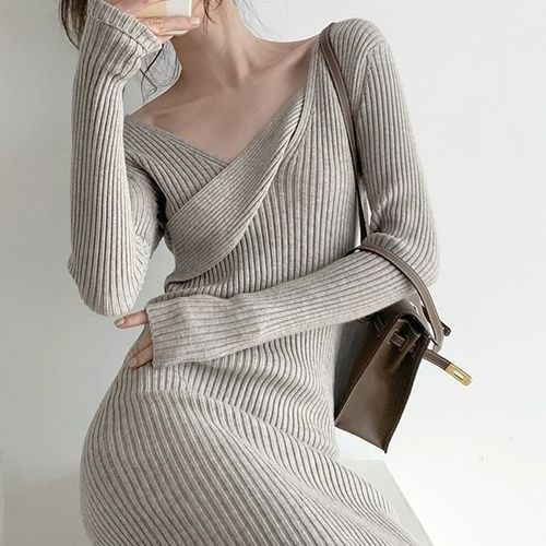 Whychunga - Long-Sleeve Asymmetrical Neck Plain Ribbed Midi Knit