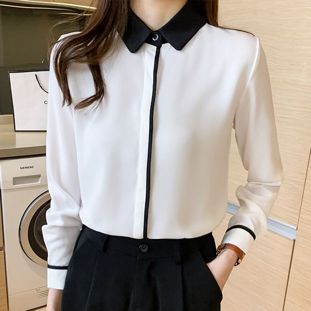 Coline-Long-Sleeve Two Tone Chiffon Shirt
