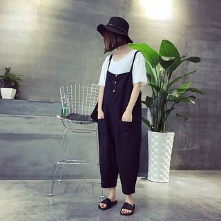 Ranche Fray Hem Double Strap Loose Fit Pinafore Jumpsuit | YesStyle